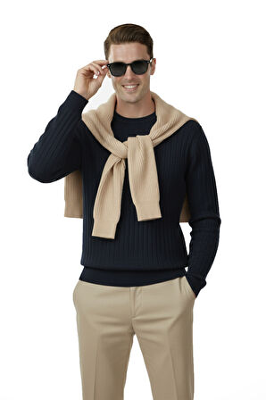 DeepSEA Erkek Lacivert Rahat Kalıp Çizgi Dokulu Triko Kazak – Şık & Modern Tasarım 2605432