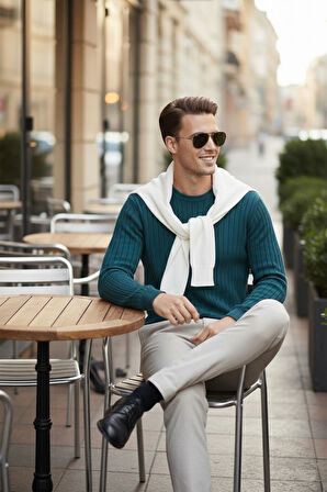 DeepSEA Erkek Yeşil Rahat Kalıp Çizgi Dokulu Triko Kazak – Şık & Modern Tasarım 2605432