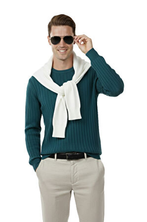 DeepSEA Erkek Yeşil Rahat Kalıp Çizgi Dokulu Triko Kazak – Şık & Modern Tasarım 2605432