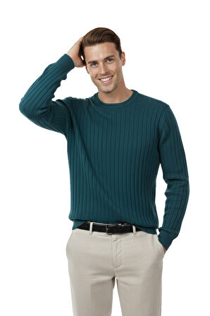 DeepSEA Erkek Yeşil Rahat Kalıp Çizgi Dokulu Triko Kazak – Şık & Modern Tasarım 2605432