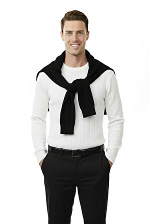 DeepSEA Beyaz Dar Kesim Likralı Erkek Triko Kazak – Bisiklet Yaka Şık Tasarım 2605433