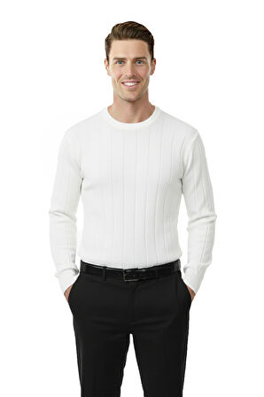 DeepSEA Beyaz Dar Kesim Likralı Erkek Triko Kazak – Bisiklet Yaka Şık Tasarım 2605433