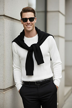 DeepSEA Beyaz Dar Kesim Likralı Erkek Triko Kazak – Bisiklet Yaka Şık Tasarım 2605433