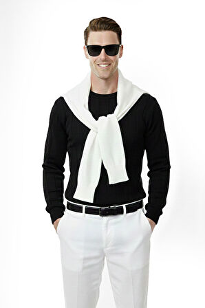 DeepSEA Siyah Dar Kesim Likralı Erkek Triko Kazak – Bisiklet Yaka Şık Tasarım 2605433