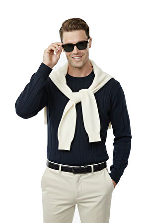 DeepSEA Lacivert Dar Kesim Likralı Erkek Triko Kazak – Bisiklet Yaka Şık Tasarım 2605433