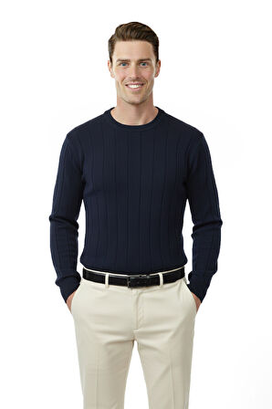 DeepSEA Lacivert Dar Kesim Likralı Erkek Triko Kazak – Bisiklet Yaka Şık Tasarım 2605433