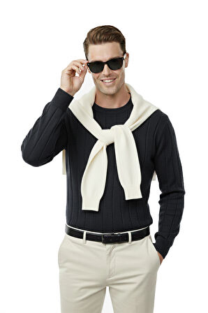 DeepSEA Füme Dar Kesim Likralı Erkek Triko Kazak – Bisiklet Yaka Şık Tasarım 2605433