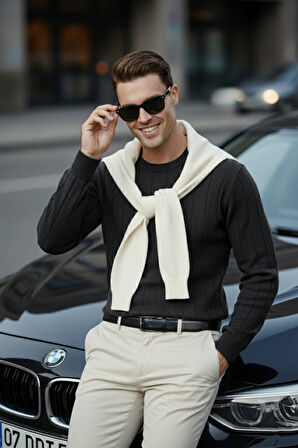 DeepSEA Füme Dar Kesim Likralı Erkek Triko Kazak – Bisiklet Yaka Şık Tasarım 2605433