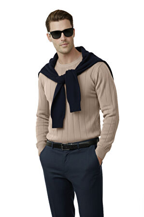 DeepSEA Bej Dar Kesim Likralı Erkek Triko Kazak – Bisiklet Yaka Şık Tasarım 2605433