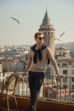 DeepSEA Bej Dar Kesim Likralı Erkek Triko Kazak – Bisiklet Yaka Şık Tasarım 2605433