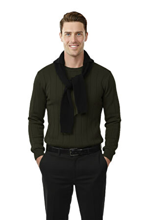 DeepSEA Haki Dar Kesim Likralı Erkek Triko Kazak – Bisiklet Yaka Şık Tasarım 2605433