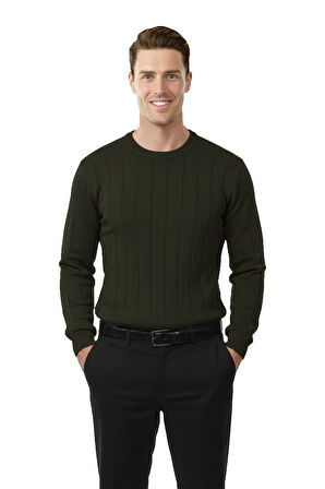 DeepSEA Haki Dar Kesim Likralı Erkek Triko Kazak – Bisiklet Yaka Şık Tasarım 2605433