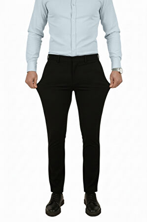 DeepSEA Siyah Dar Kesim Beli Lastikli Çizgi Dokulu Likralı Erkek Pantolon – Şık & Konforlu Tasarım 2600700