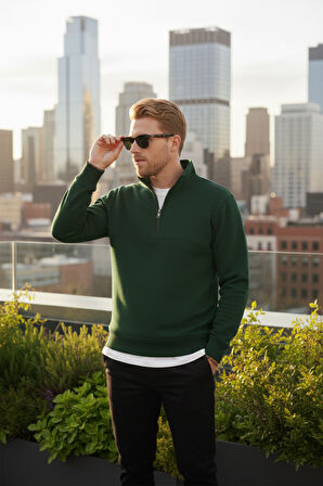 DeepSEA Erkek Yeşil Relax Fit İçi Polarlı %100 Pamuk Yarım Fermuarlı Dik Yaka Sweatshirt 2600760