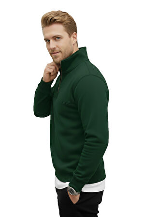 DeepSEA Erkek Yeşil Relax Fit İçi Polarlı %100 Pamuk Yarım Fermuarlı Dik Yaka Sweatshirt 2600760