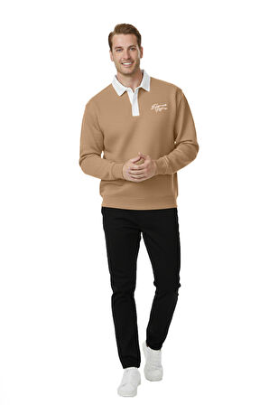 DeepSEA Erkek Camel Relax Fit İçi Polarlı Polo Yaka Sweatshirt – Pamuklu Kalın Sweatshirt 2600762