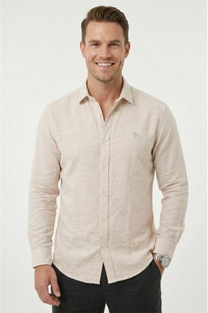 DeepSEA Bej Slim Fit Çizgili %100 Pamuk Erkek Gömlek – Nefes Alan Şık Günlük Gömlek 2602626