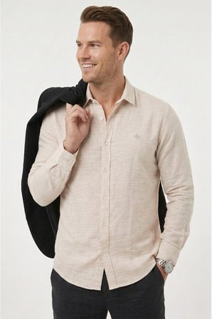 DeepSEA Bej Slim Fit Çizgili %100 Pamuk Erkek Gömlek – Nefes Alan Şık Günlük Gömlek 2602626