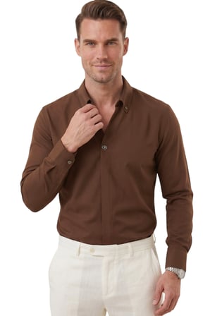 DeepSEA Kahve Slim Fit Kolay Ütülenebilir Açık Dik Yaka Likralı Erkek Gömlek 2602615