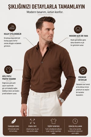 DeepSEA Kahve Slim Fit Kolay Ütülenebilir Açık Dik Yaka Likralı Erkek Gömlek 2602615