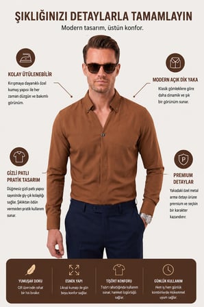 DeepSEA Açık Kahve Slim Fit Kolay Ütülenebilir Açık Dik Yaka Likralı Erkek Gömlek 2602615