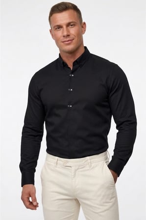 DeepSEA Siyah Slim Fit Likralı Kolay Ütülenebilir Gizli Düğmeli Erkek Gömlek 2602614