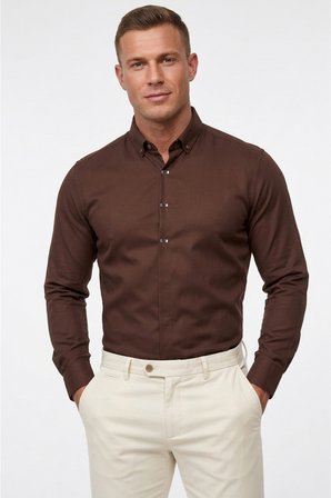 DeepSEA Kahve Slim Fit Likralı Kolay Ütülenebilir Gizli Düğmeli Erkek Gömlek 2602614