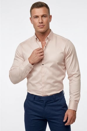 DeepSEA Bej Slim Fit Likralı Kolay Ütülenebilir Gizli Düğmeli Erkek Gömlek 2602614