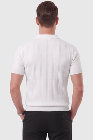 DeepSEA Erkek Fermuarlı Polo Yaka Çizgi Dokulu Beyaz Triko Tişört Regular Fit Yumuşak Dokulu 2608007