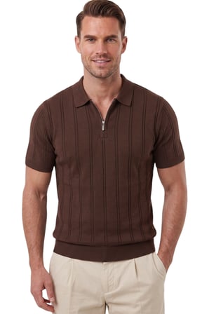 DeepSEA Erkek Fermuarlı Polo Yaka Çizgi Dokulu Kahve Triko Tişört Regular Fit Yumuşak Dokulu 2608007