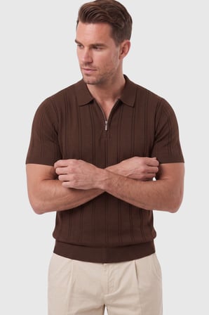 DeepSEA Erkek Fermuarlı Polo Yaka Çizgi Dokulu Kahve Triko Tişört Regular Fit Yumuşak Dokulu 2608007