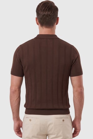 DeepSEA Erkek Fermuarlı Polo Yaka Çizgi Dokulu Kahve Triko Tişört Regular Fit Yumuşak Dokulu 2608007