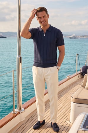 DeepSEA Erkek Fermuarlı Polo Yaka Çizgi Dokulu Lacivert Triko Tişört Regular Fit Yumuşak Dokulu 2608007