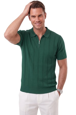 DeepSEA Erkek Fermuarlı Polo Yaka Çizgi Dokulu Yeşil Triko Tişört Regular Fit Yumuşak Dokulu 2608007
