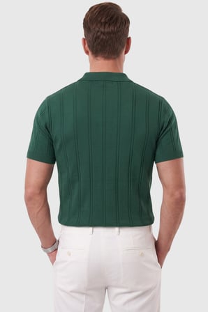 DeepSEA Erkek Fermuarlı Polo Yaka Çizgi Dokulu Yeşil Triko Tişört Regular Fit Yumuşak Dokulu 2608007