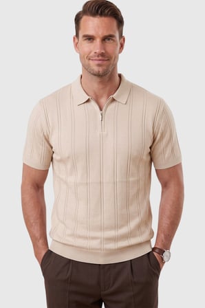 DeepSEA Erkek Fermuarlı Polo Yaka Çizgi Dokulu Bej Triko Tişört Regular Fit Yumuşak Dokulu 2608007