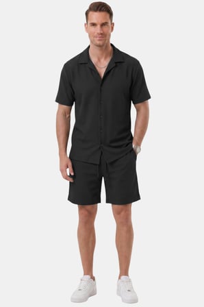 DeepSEA Siyah Apaş Yaka Çizgi Dokulu Pamuklu Erkek Gömlek – Likralı Kısa Kol Gömlek 2602656