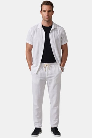 DeepSEA Beyaz Slim Fit Çizgi Dokulu Keten Görünümlü Kısa Kol Erkek Spor Gömlek 2602648