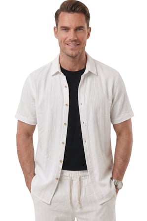 DeepSEA Beyaz Slim Fit Çizgi Dokulu Keten Görünümlü Kısa Kol Erkek Spor Gömlek 2602648