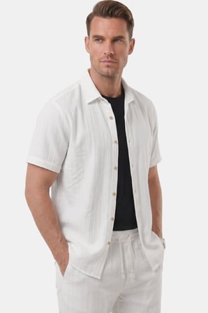 DeepSEA Beyaz Slim Fit Çizgi Dokulu Keten Görünümlü Kısa Kol Erkek Spor Gömlek 2602648
