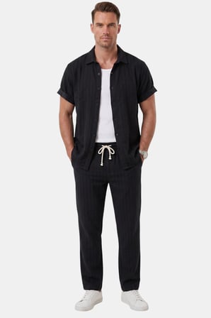 DeepSEA Siyah Slim Fit Çizgi Dokulu Keten Görünümlü Kısa Kol Erkek Spor Gömlek 2602648