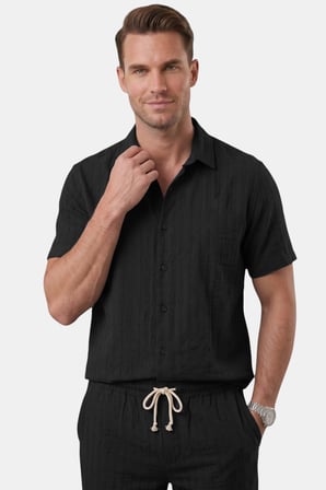 DeepSEA Siyah Slim Fit Çizgi Dokulu Keten Görünümlü Kısa Kol Erkek Spor Gömlek 2602648