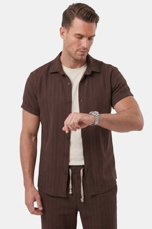 DeepSEA Kahve Slim Fit Çizgi Dokulu Keten Görünümlü Kısa Kol Erkek Spor Gömlek 2602648