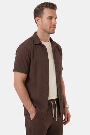 DeepSEA Kahve Slim Fit Çizgi Dokulu Keten Görünümlü Kısa Kol Erkek Spor Gömlek 2602648