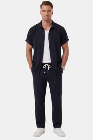 DeepSEA Lacivert Slim Fit Çizgi Dokulu Keten Görünümlü Kısa Kol Erkek Spor Gömlek 2602648