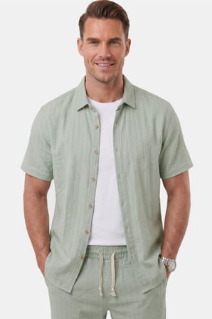 DeepSEA Yeşil Slim Fit Çizgi Dokulu Keten Görünümlü Kısa Kol Erkek Spor Gömlek 2602648