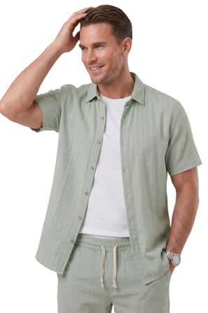 DeepSEA Yeşil Slim Fit Çizgi Dokulu Keten Görünümlü Kısa Kol Erkek Spor Gömlek 2602648