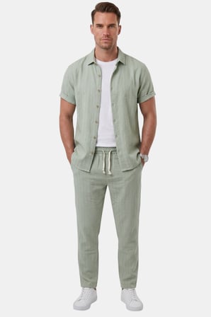 DeepSEA Yeşil Slim Fit Çizgi Dokulu Keten Görünümlü Kısa Kol Erkek Spor Gömlek 2602648