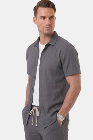 DeepSEA Füme Slim Fit Çizgi Dokulu Keten Görünümlü Kısa Kol Erkek Spor Gömlek 2602648