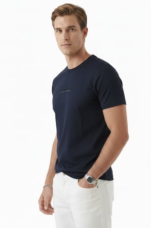 DeepSEA Erkek Lacivert Rahat Kalıp Bisiklet Yaka Yumuşak Dokulu Basic Tişört 2604355